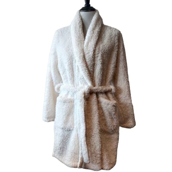 N Natori Womens Size L/XL White Teddy Bear Tie Belt Pockets Cozy Lounge Robe - Picture 1 of 7